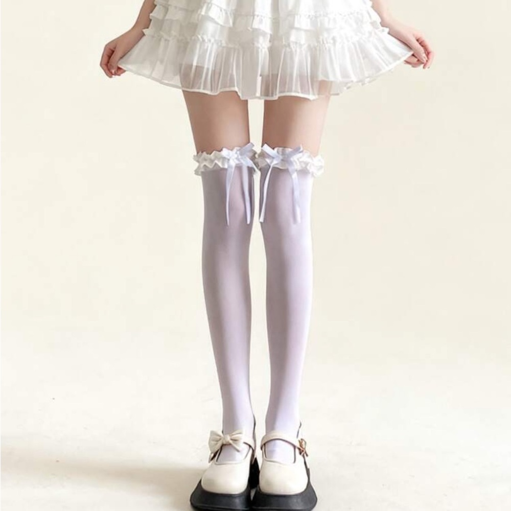 White Ruffled Knee-High Stockings with Bows